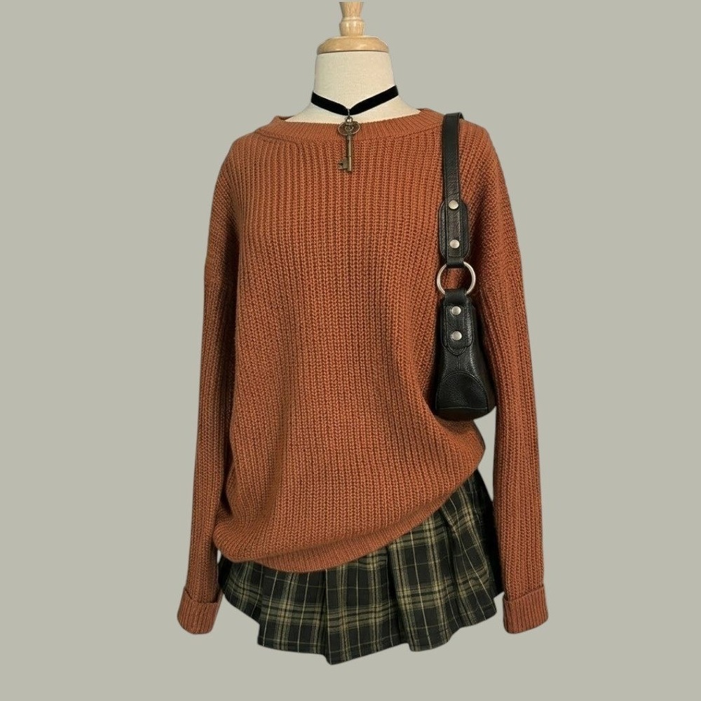 Gianni Bini Rust Orange Chunky Knit Oversized Sweater Womens Crew Neck Pullover